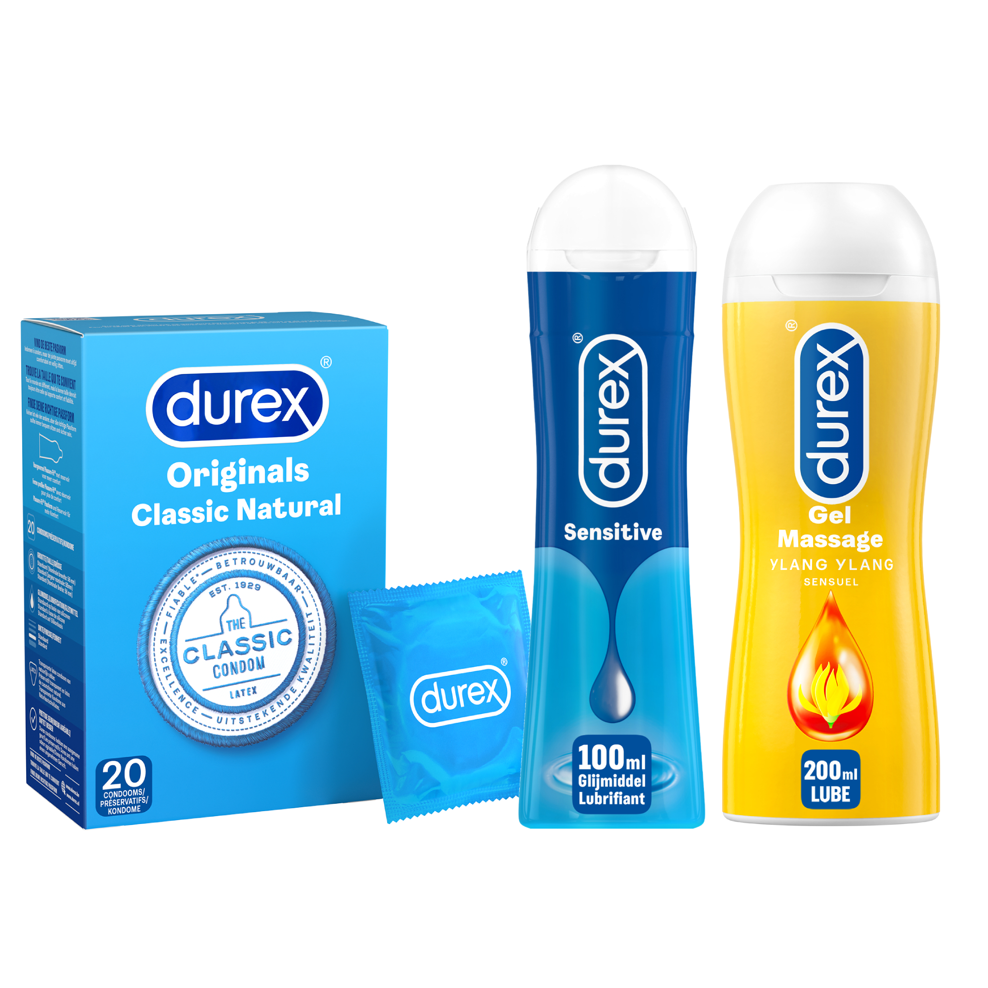 Durex - 300ml Glijmiddel - Play Massage 2/1 Sensitive 200ml - Sensitive Gel 100ml - 20 stuks Condooms - Classic Natural - Voordeelverpakking