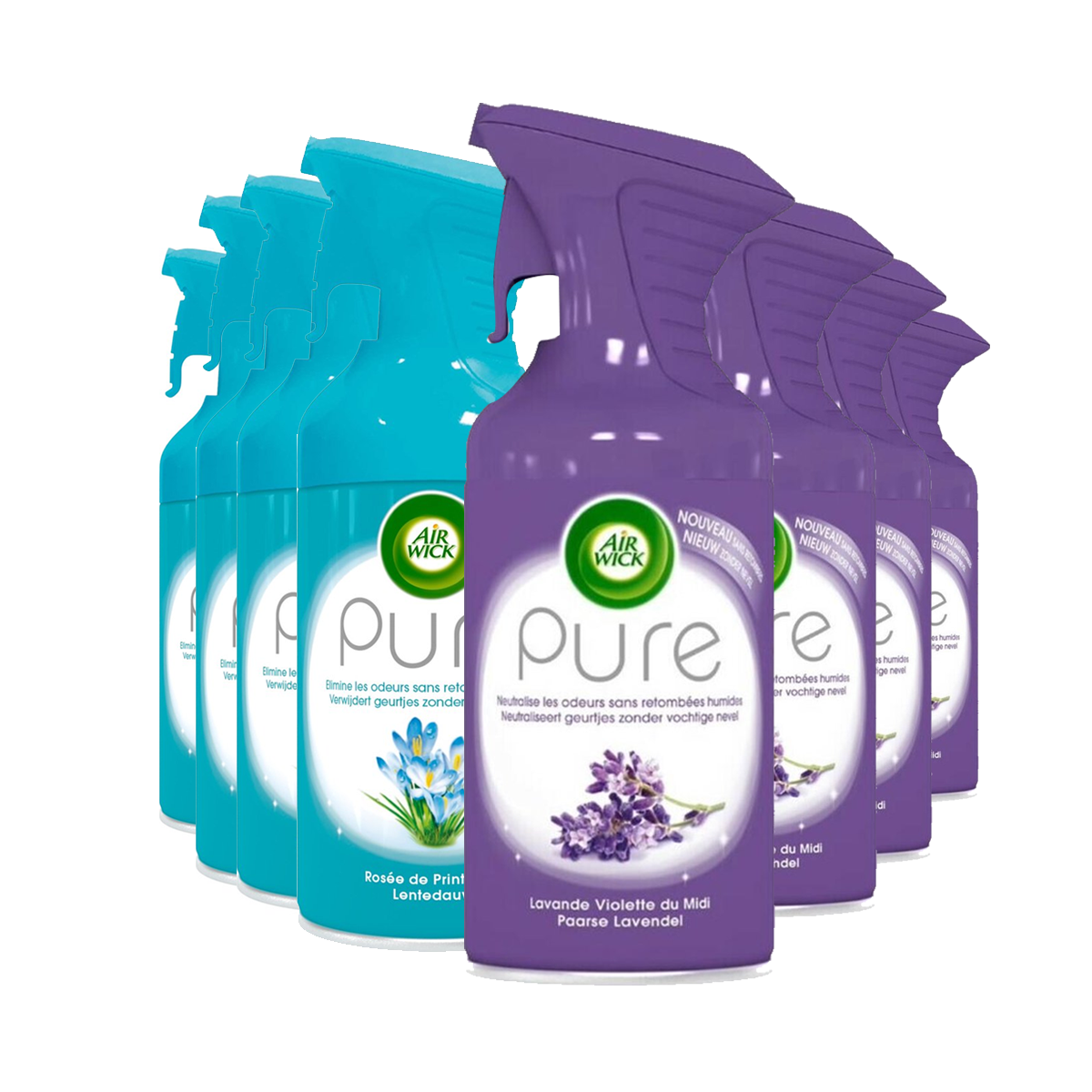 Air Wick - Air Wick Luchtverfrisser Spray - Pure Lentedauw & Pure Paarse Lavendel 250ml x 8 - Voordeelverpakking