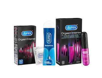 Durex - 10 stuks Condooms - Orgasm Intense - 110ml Glijmiddel - Intense Orgasm 10ml - Play Sensitive 50ml - Voordeelverpakking