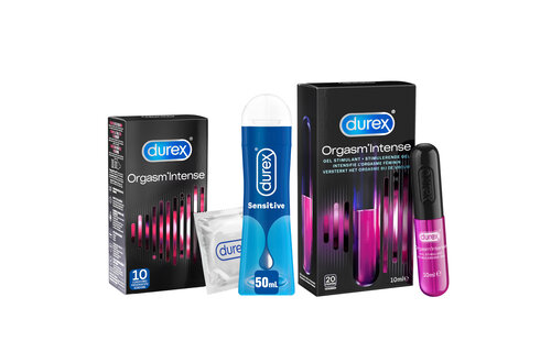 Durex - 10 stuks Condooms - Orgasm Intense - 110ml Glijmiddel - Intense Orgasm 10ml - Play Sensitive 50ml - Voordeelverpakking