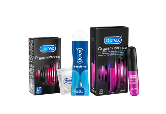 Durex - 10 stuks Condooms - Orgasm Intense - 110ml Glijmiddel - Intense Orgasm 10ml - Play Sensitive 50ml - Voordeelverpakking