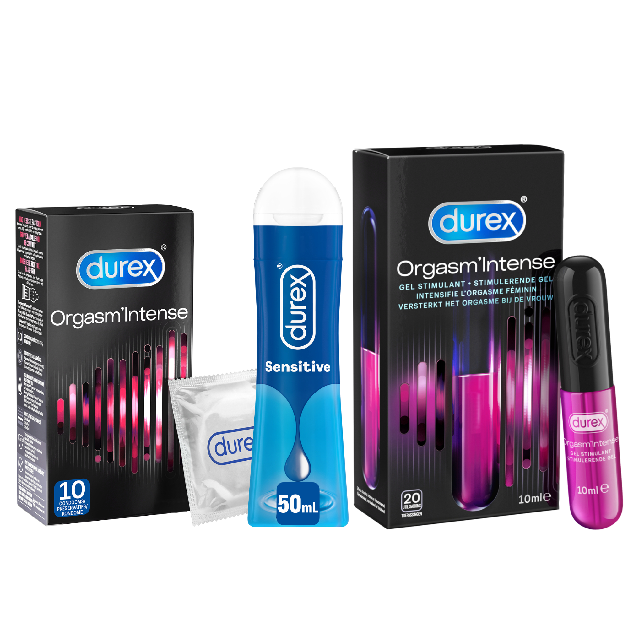 Durex - 10 stuks Condooms - Orgasm Intense - 110ml Glijmiddel - Intense Orgasm 10ml - Play Sensitive 50ml - Voordeelverpakking