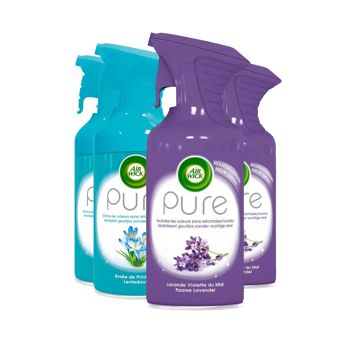 Air Wick - Air Wick Luchtverfrisser Spray - Pure Lentedauw & Pure Paarse Lavendel 250ml x 4 - Voordeelverpakking