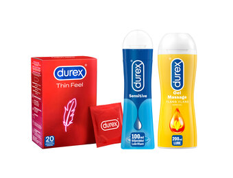 Durex - 300ml Glijmiddel - Play Massage 2/1 Sensitive 200ml - Sensitive Gel 100ml - 20 stuks Condooms - Thin Feel - Voordeelverpakking