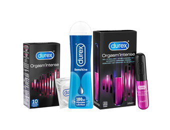 Durex - 10 stuks Condooms - Orgasm Intense - 110ml Glijmiddel - Intense Orgasm 10ml - Play Sensitive 100ml - Voordeelverpakking