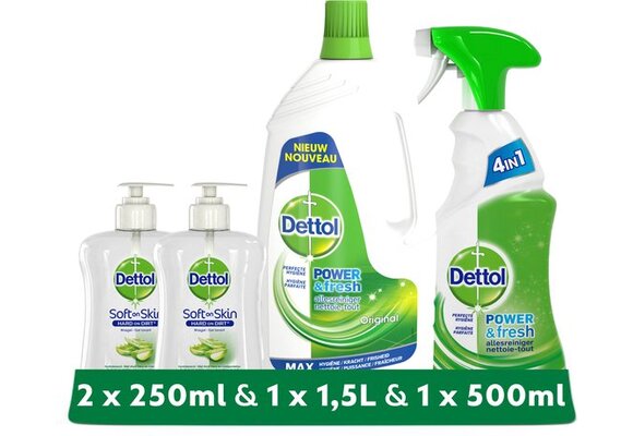 Dettol - Handzeep - Aloe Vera 2x250ml & 1,5L Allesreiniger Power & Fresh - Original & 500ml Allesreiniger Spray Power & Fresh - Original