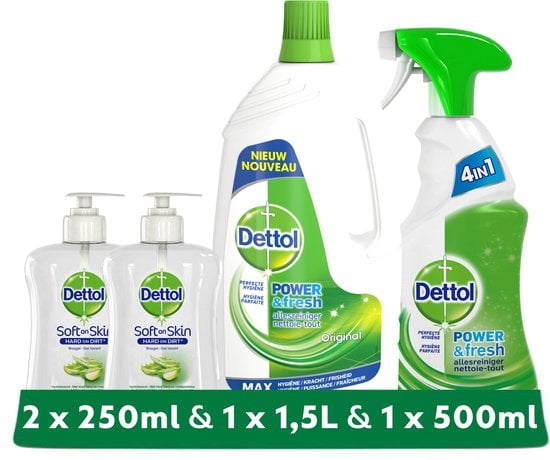 Dettol - Handzeep - Aloe Vera 2x250ml & 1,5L Allesreiniger Power & Fresh - Original & 500ml Allesreiniger Spray Power & Fresh - Original