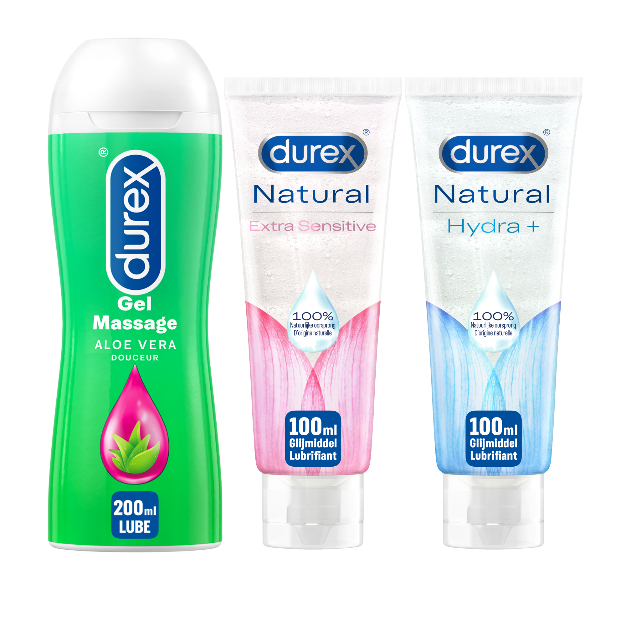 Durex - 3 Glijmiddelen Waterbasis - Play Massage 2/1 Aloe 200ML - Natural Hydratant Gel 100ML - Natural Extra Sensitive Gel 100ML