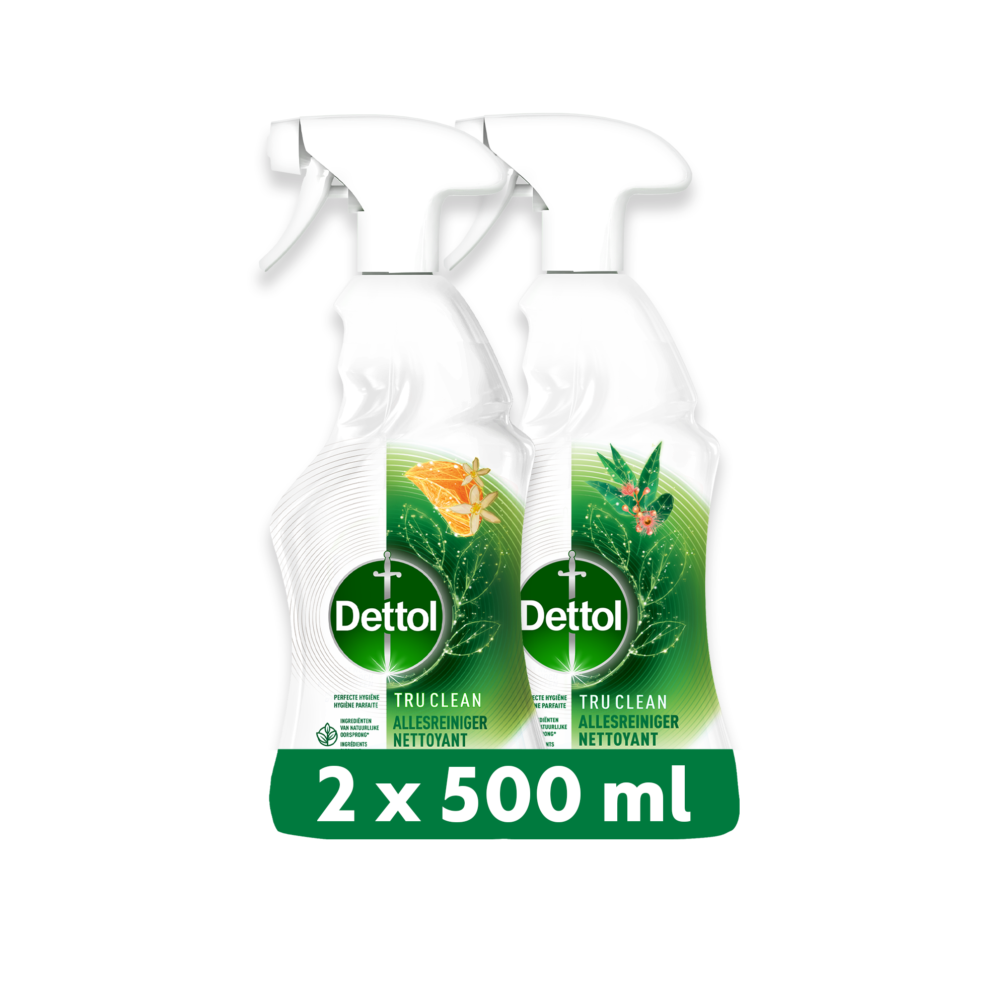 Dettol - 1L Allesreiniger Spray Tru Clean - Mandarijn & Citroenbloesem 1x500 ml Eucalyptus 1x500ml - Voordeelverpakking