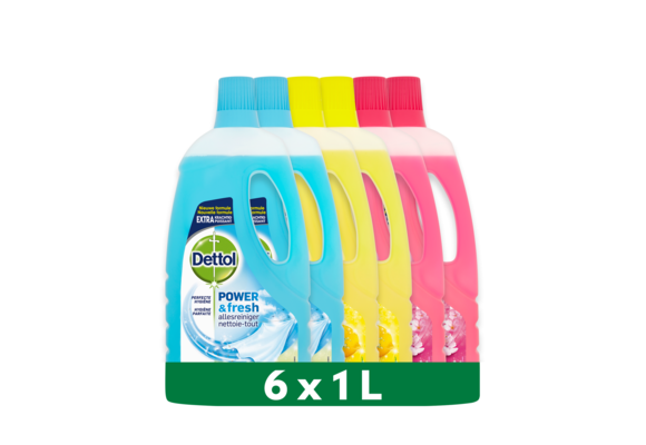 Dettol - 6L Allesreiniger Power &amp; Fresh - Katoenfris 2x1L - Citrus 2x1L - Kersenbloesem 2x1L - Voordeelverpakking