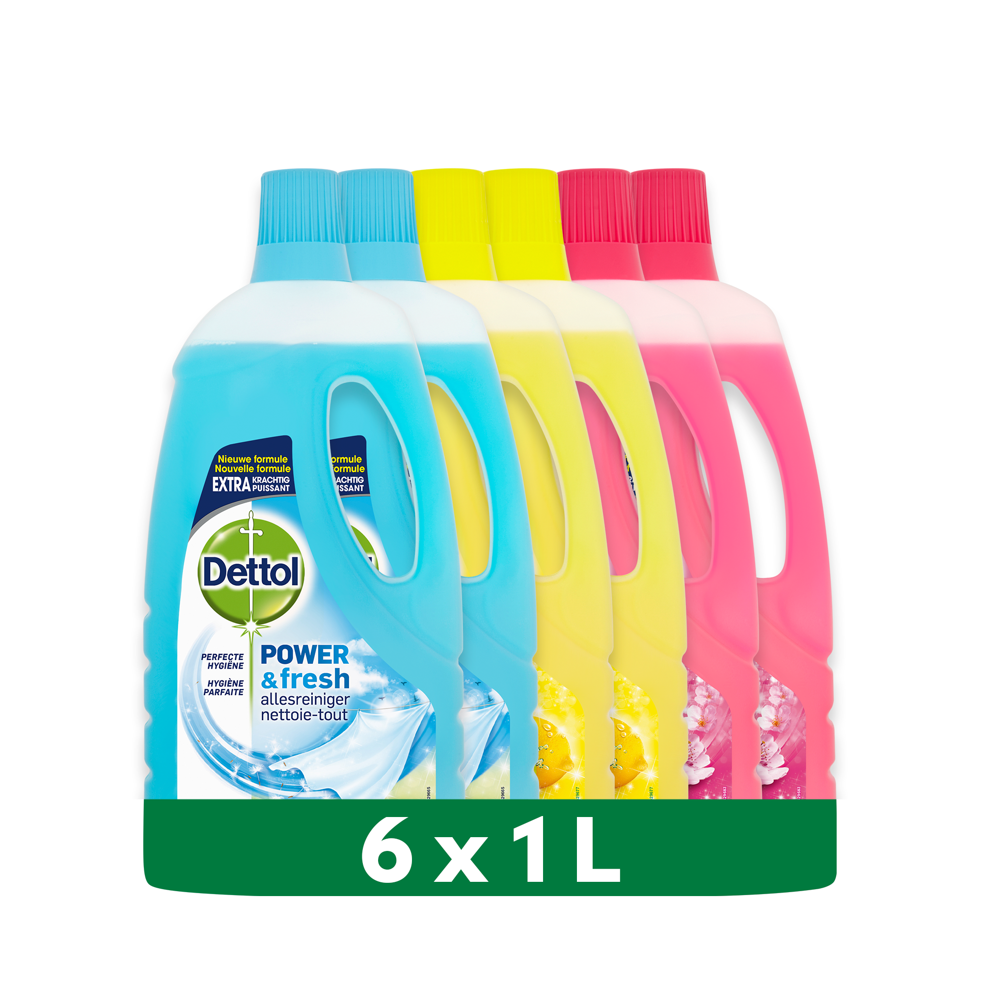 Dettol - 6L Allesreiniger Power & Fresh - Katoenfris 2x1L - Citrus 2x1L - Kersenbloesem 2x1L - Voordeelverpakking