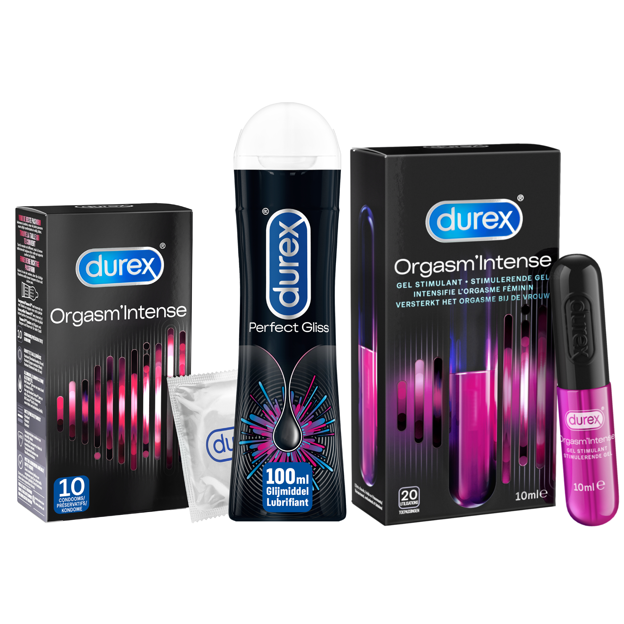 Durex - 10 stuks Condooms - Orgasm Intense - 110ml Glijmiddel - Intense Orgasm 10ml - Perfect Gliss 100ml - Voordeelverpakking