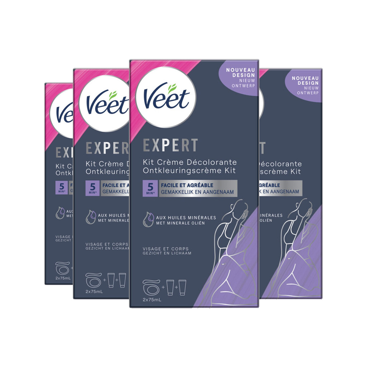Veet Set Voor Haarontkleuring - Gezicht en Lichaam - Normale Huid - 2x75ml - 4 stuks - voordeelverpakking