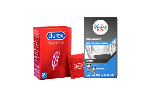 Veet Men x Durex - Ontharingskit voor Intieme Delen - 100ml Ontharingscrème + 50ml Aftercare balsem - 20 stuks Condooms - Thin Feel