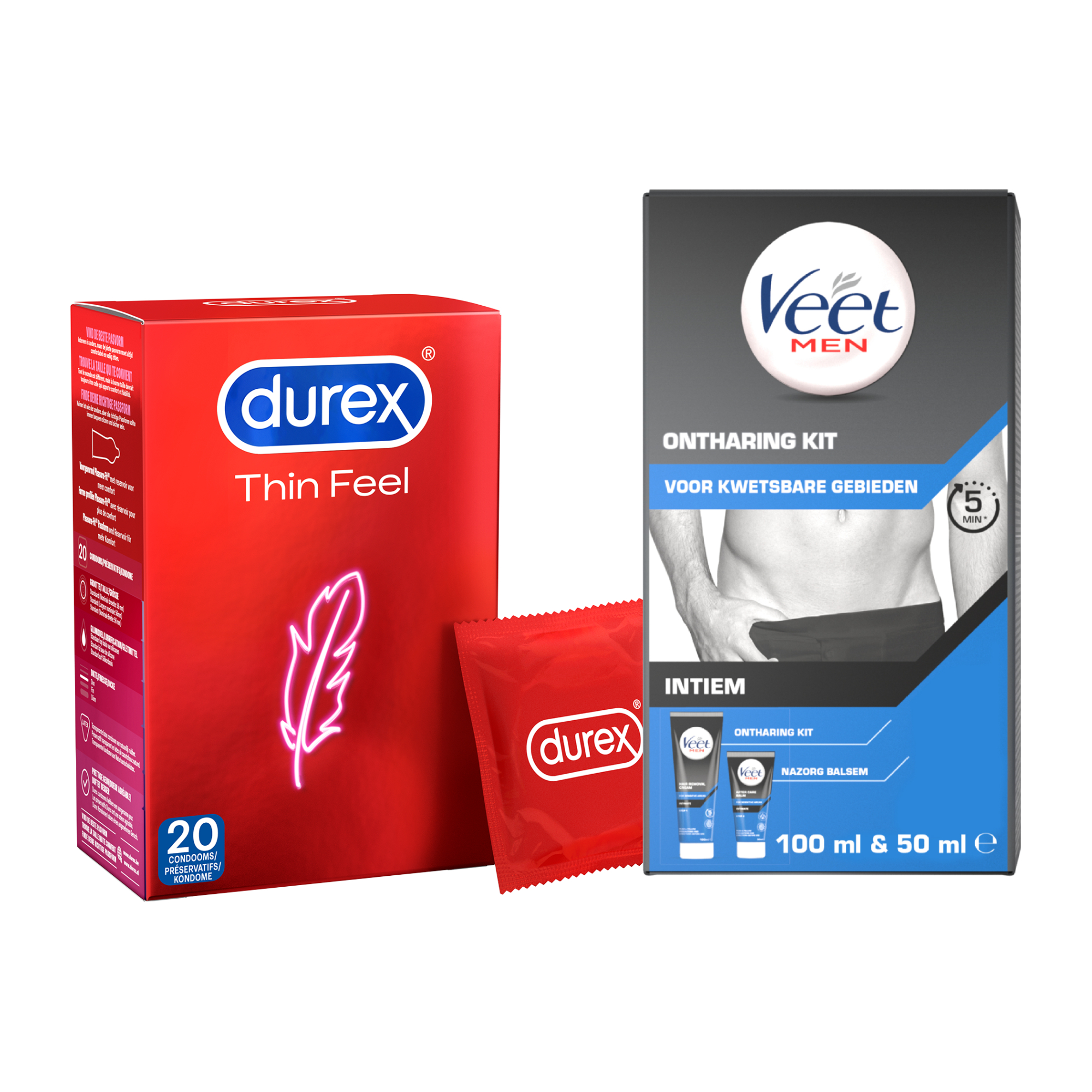 Veet Men x Durex - Ontharingskit voor Intieme Delen - 100ml Ontharingscrème + 50ml Aftercare balsem - 20 stuks Condooms - Thin Feel