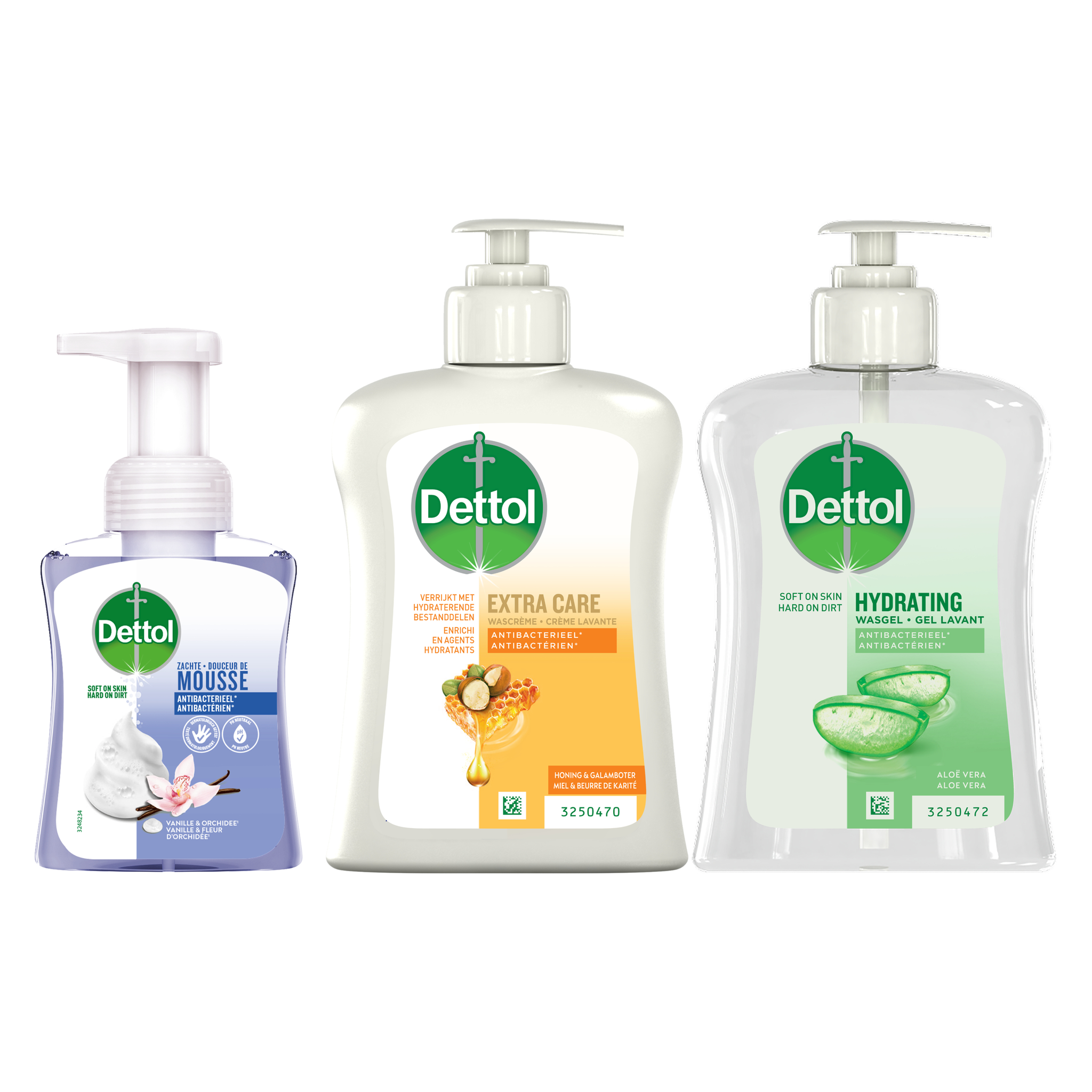 Dettol - 1x Dettol Hydrating Aloe Vera 250ML  - 1 x Dettol Mousse Vanilla & Orchid  250ML  - 1x Dettol Extra Care Honey & Sheabutter  250ML -  Voordeelpakket