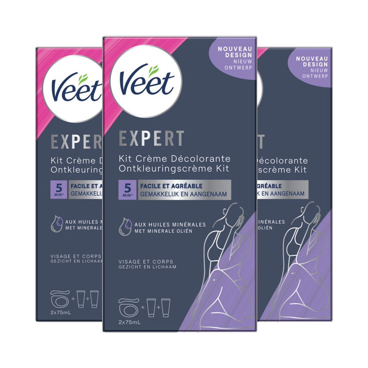 Veet Set Voor Haarontkleuring - Gezicht en Lichaam - Normale Huid - 2x75ml - 3 stuks - voordeelverpakking