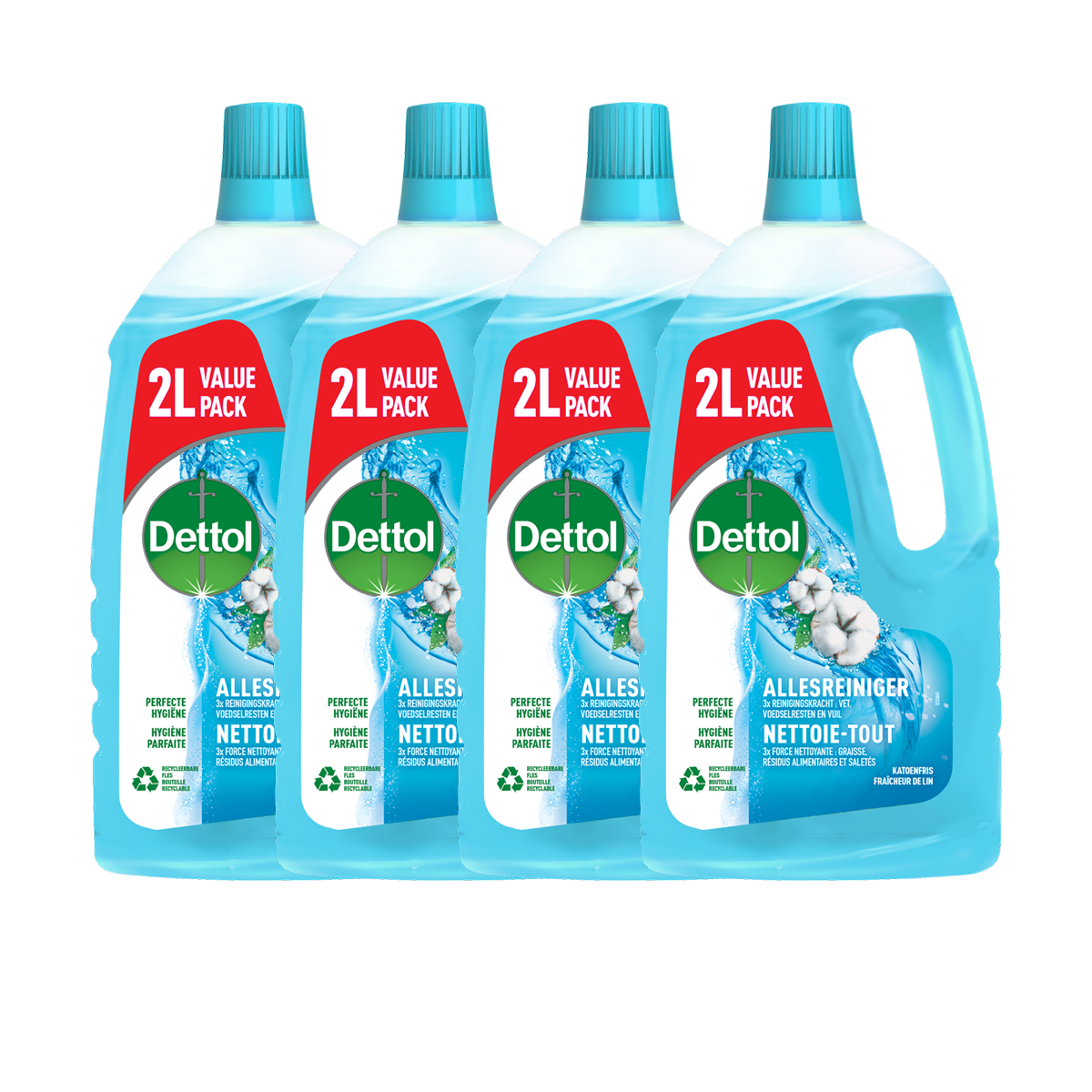 Dettol - Power en fris Fresh Allesreiniger Katoenfris - 2000ml - 4 stuks - Voordeelverpakking