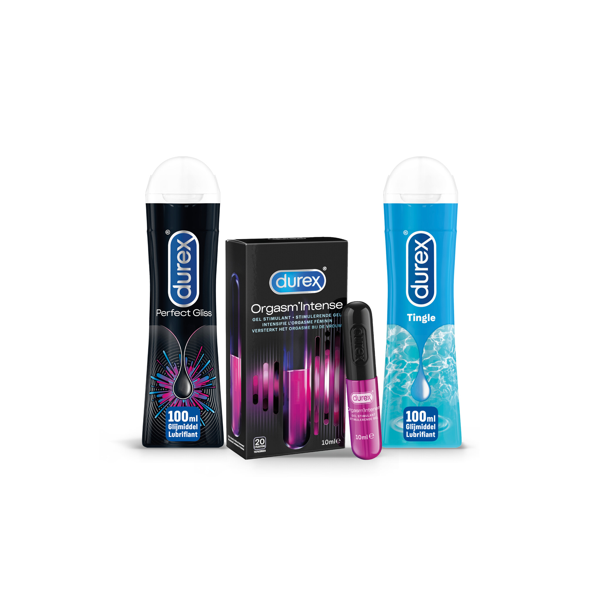 Durex - 210ml Glijmiddel - Perfect Gliss 1x100ml - Intense Orgasm 1x10ml - Play Tingle 1x100ml - Voordeelverpakking