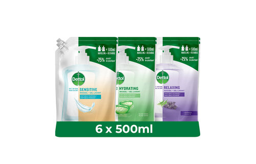 Dettol - 6x Dettol Refill Hydrating Aloe Vera 500ML - 2 x Dettol Refill Sensitive 500ML  - 2x Dettol Refill Relaxing Lavender 500ML - Voordeelpakket