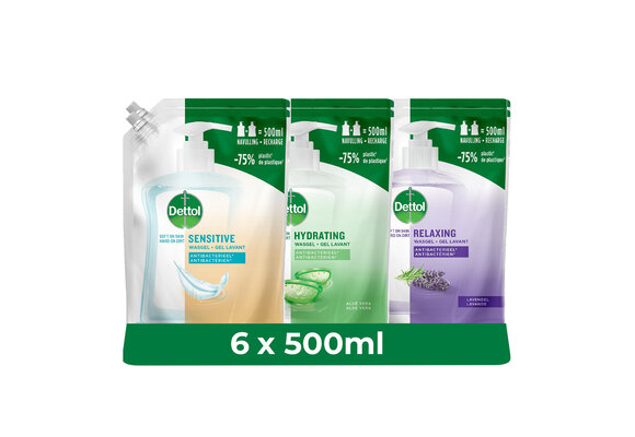 Dettol - 6x Dettol Refill Hydrating Aloe Vera 500ML - 2 x Dettol Refill Sensitive 500ML  - 2x Dettol Refill Relaxing Lavender 500ML - Voordeelpakket