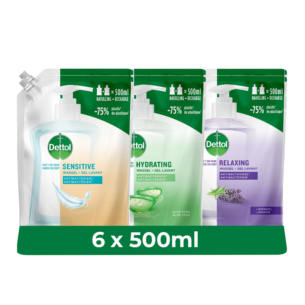 Dettol - 6x Dettol Refill Hydrating Aloe Vera 500ML - 2 x Dettol Refill Sensitive 500ML  - 2x Dettol Refill Relaxing Lavender 500ML - Voordeelpakket