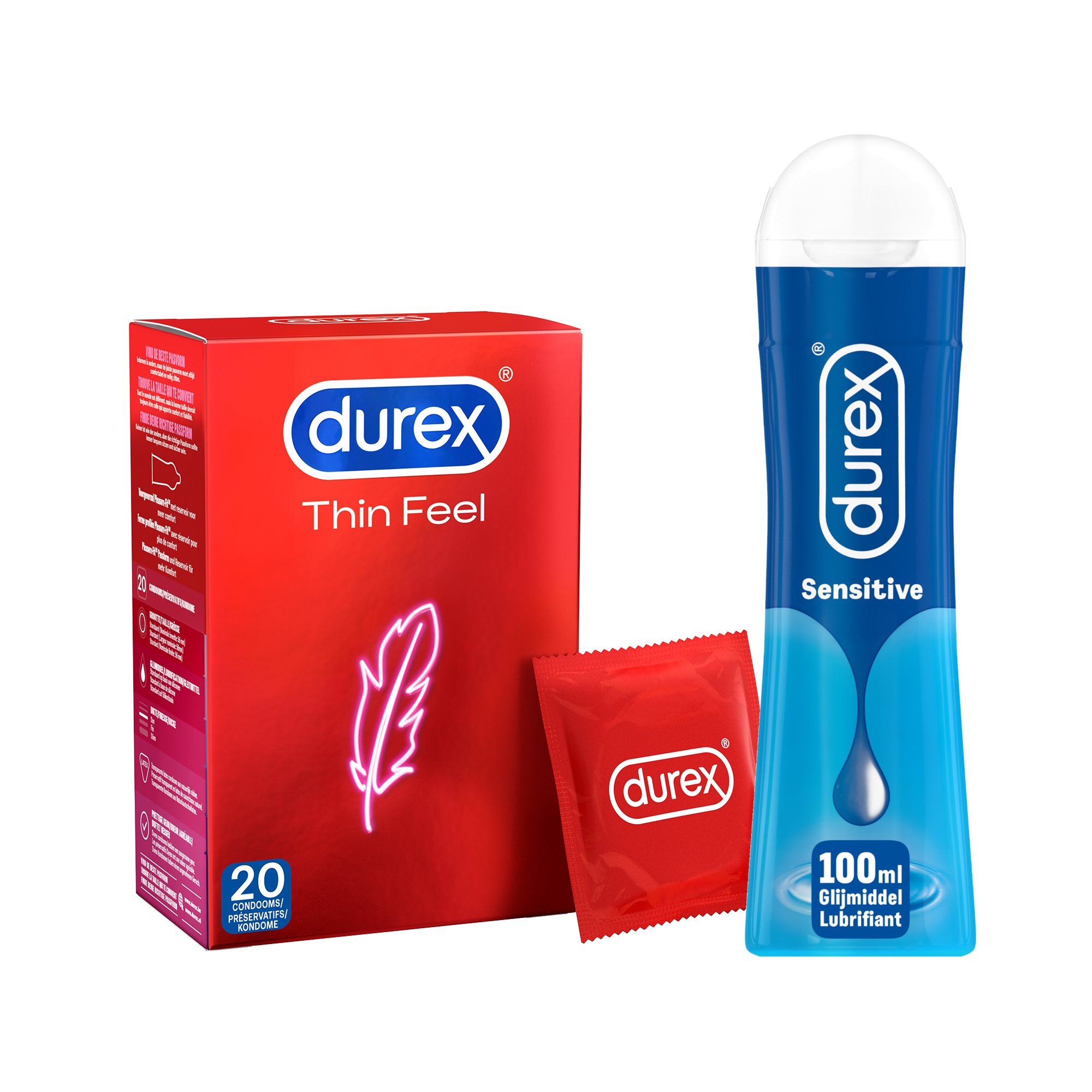 Durex - 20 stuks Condooms - Thin Feel - 100ml Glijmiddel - Play Sensitive - Voordeelverpakking