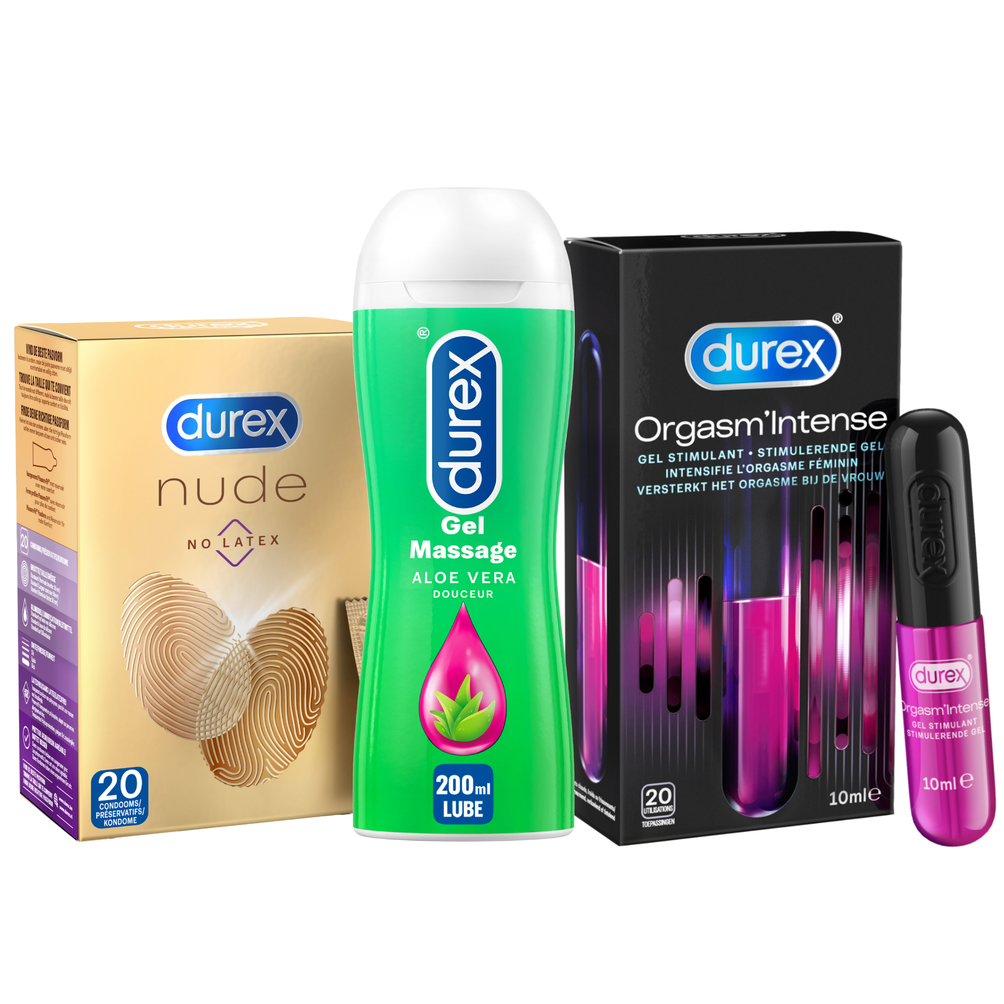 Durex - 20 stuks Condooms - Nude No Latex - 210ml Glijmiddel - Massage 2/1 Aloe 200ml - Intense Orgasm 10ml - Voordeelverpakking