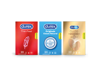 Durex - 60 stuks Condooms - Thin Feel 1x20 stuks - Classic Natural 1x20 stuks - Nude No Latex 1x20 stuks - Voordeelverpakking