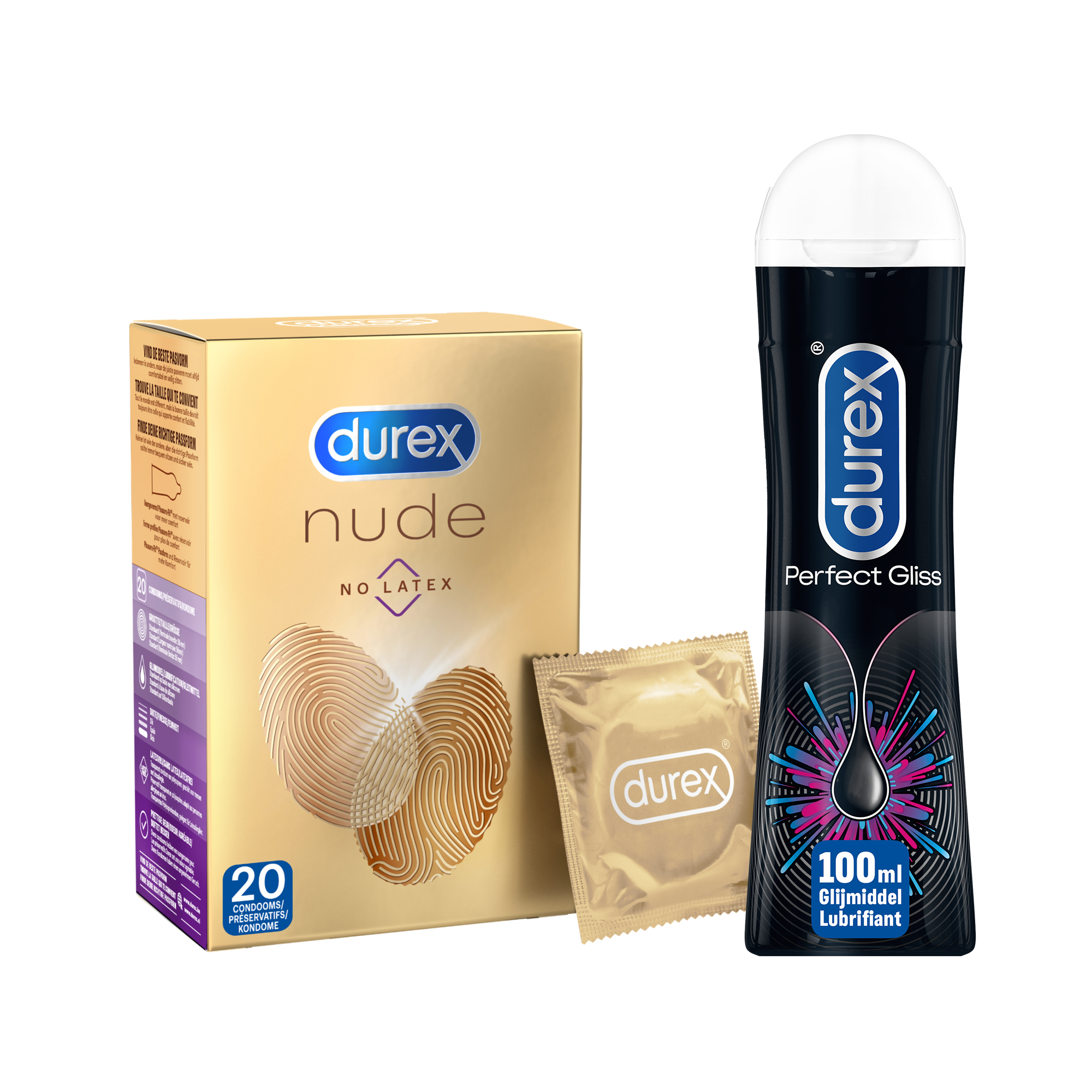 Durex - 20 stuks Condooms - Nude No Latex - 100ml Glijmiddel - Perfect Gliss - Voordeelverpakking