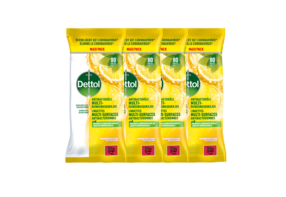 BE - Dettol Lingettes Antibactériennes Multi-surfaces Éclat de Citron - 80 x4