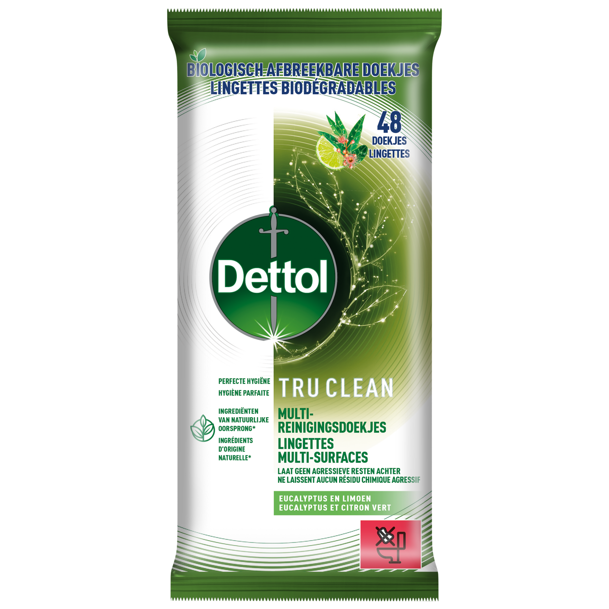 BE - Dettol Lingettes Biodégradable Tru Clean Eucalyptus & Lime - 48