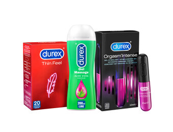 Durex - 210ml Glijmiddel - Play Massage 2/1 Aloe 200ml - Intense Orgasm 10ml - 20 stuks Condooms - Thin Feel - Voordeelverpakking