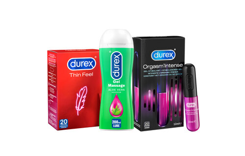 Durex - 210ml Glijmiddel - Play Massage 2/1 Aloe 200ml - Intense Orgasm 10ml - 20 stuks Condooms - Thin Feel - Voordeelverpakking