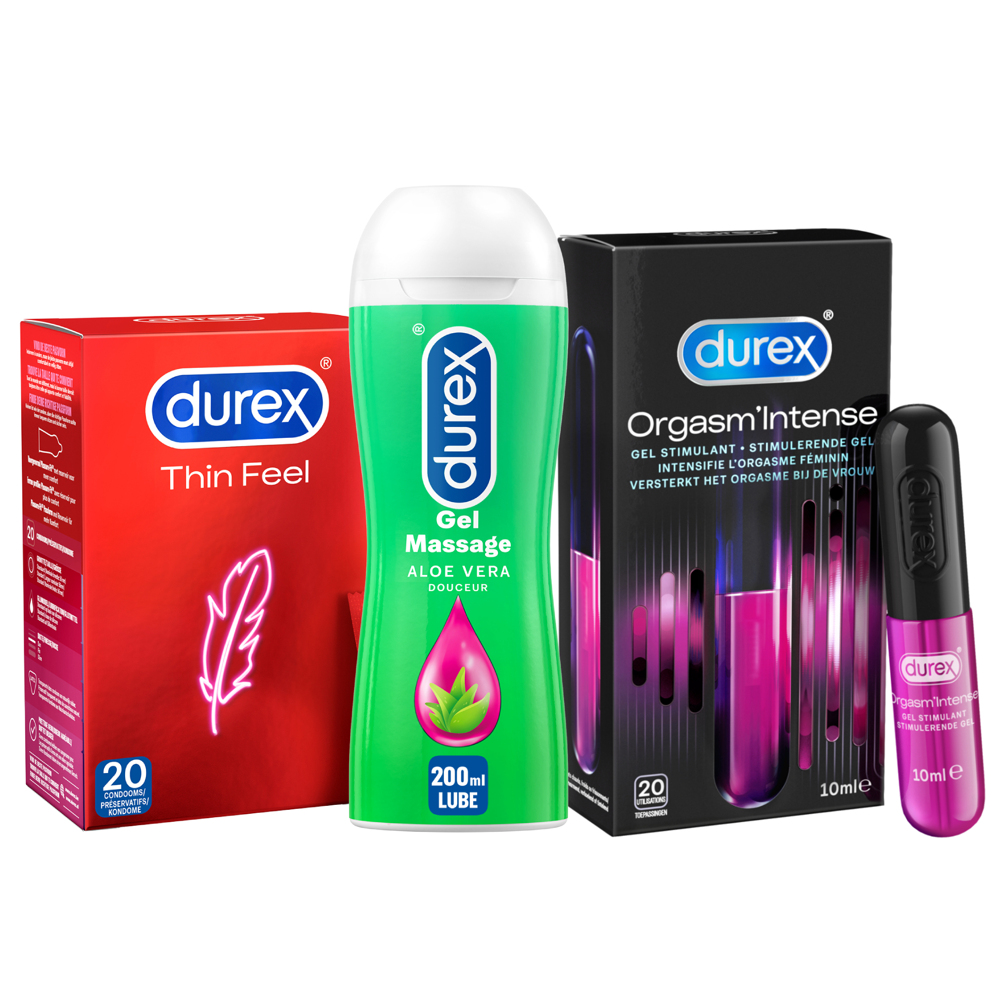 Durex - 210ml Glijmiddel - Play Massage 2/1 Aloe 200ml - Intense Orgasm 10ml - 20 stuks Condooms - Thin Feel - Voordeelverpakking