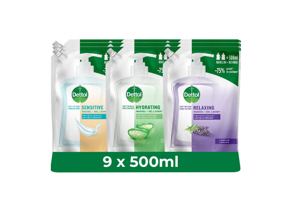 Dettol - 3x Dettol Refill Hydrating Aloe Vera 500ML - 3 x Dettol Refill Sensitive 500ML  - 3x Dettol Refill Relaxing Lavender 500ML