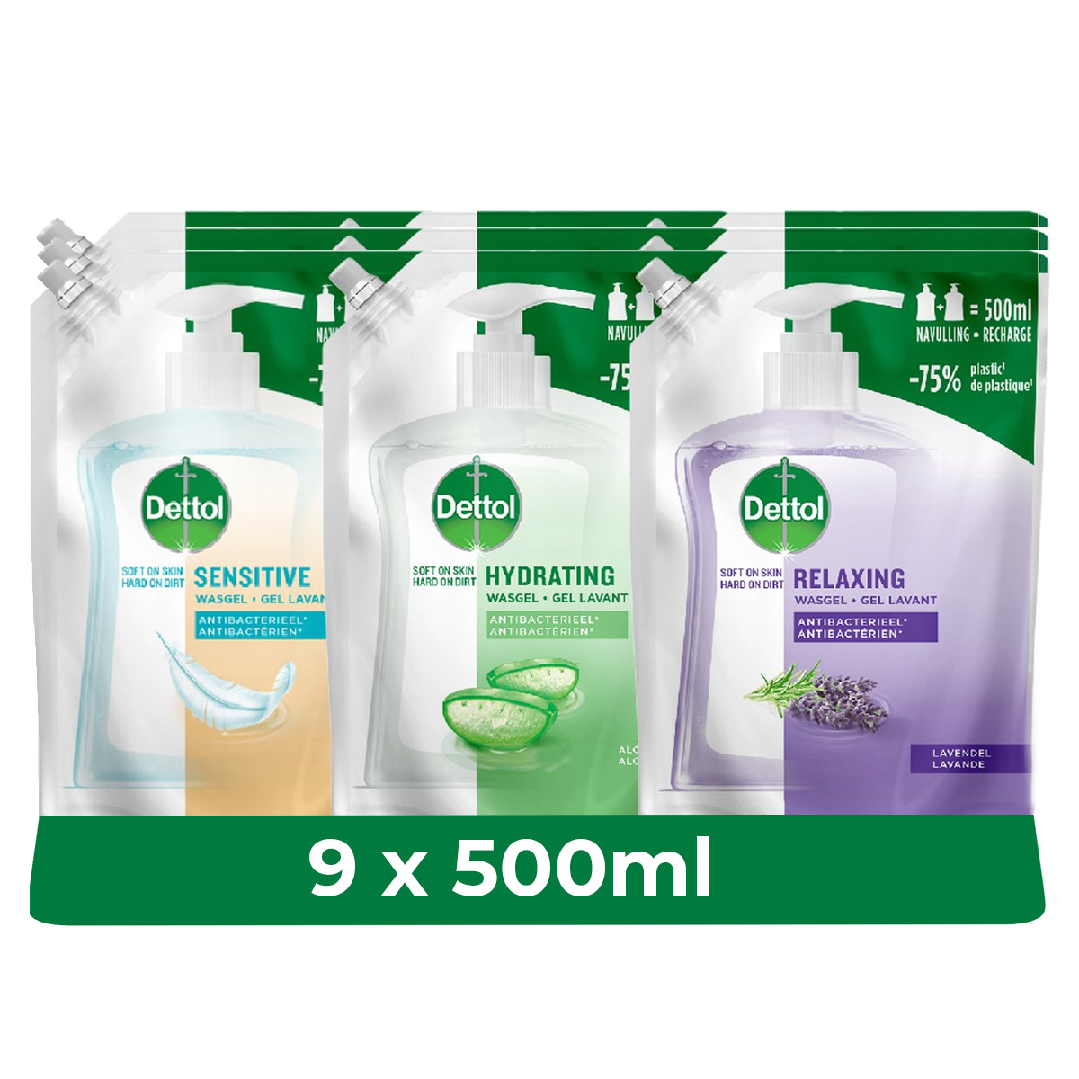 Dettol - 3x Dettol Refill Hydrating Aloe Vera 500ML - 3 x Dettol Refill Sensitive 500ML  - 3x Dettol Refill Relaxing Lavender 500ML