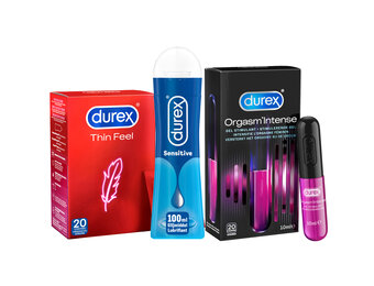 Durex - 20 stuks Condooms - Thin Feel - 110ml Glijmiddel - Play Sensitive 100ml - Orgasm intense 10ml - Voordeelverpakking