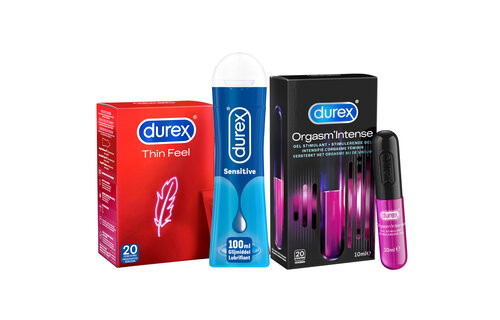 Durex - 20 stuks Condooms - Thin Feel - 110ml Glijmiddel - Play Sensitive 100ml - Orgasm intense 10ml - Voordeelverpakking