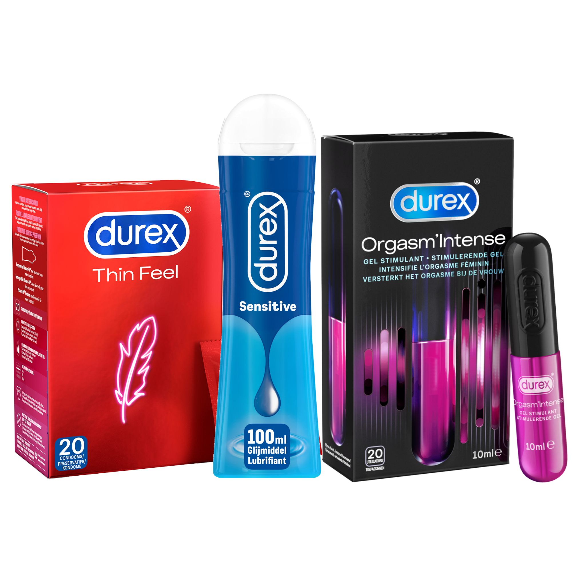 Durex - 20 stuks Condooms - Thin Feel - 110ml Glijmiddel - Play Sensitive 100ml - Orgasm intense 10ml - Voordeelverpakking