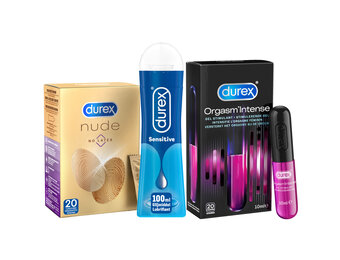 Durex - 20 stuks Condooms - Nude No Latex - 110ml Glijmiddel - Play Sensitive 100ml - Intense Orgasm 10ml - Voordeelverpakking