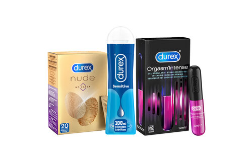 Durex - 20 stuks Condooms - Nude No Latex - 110ml Glijmiddel - Play Sensitive 100ml - Intense Orgasm 10ml - Voordeelverpakking
