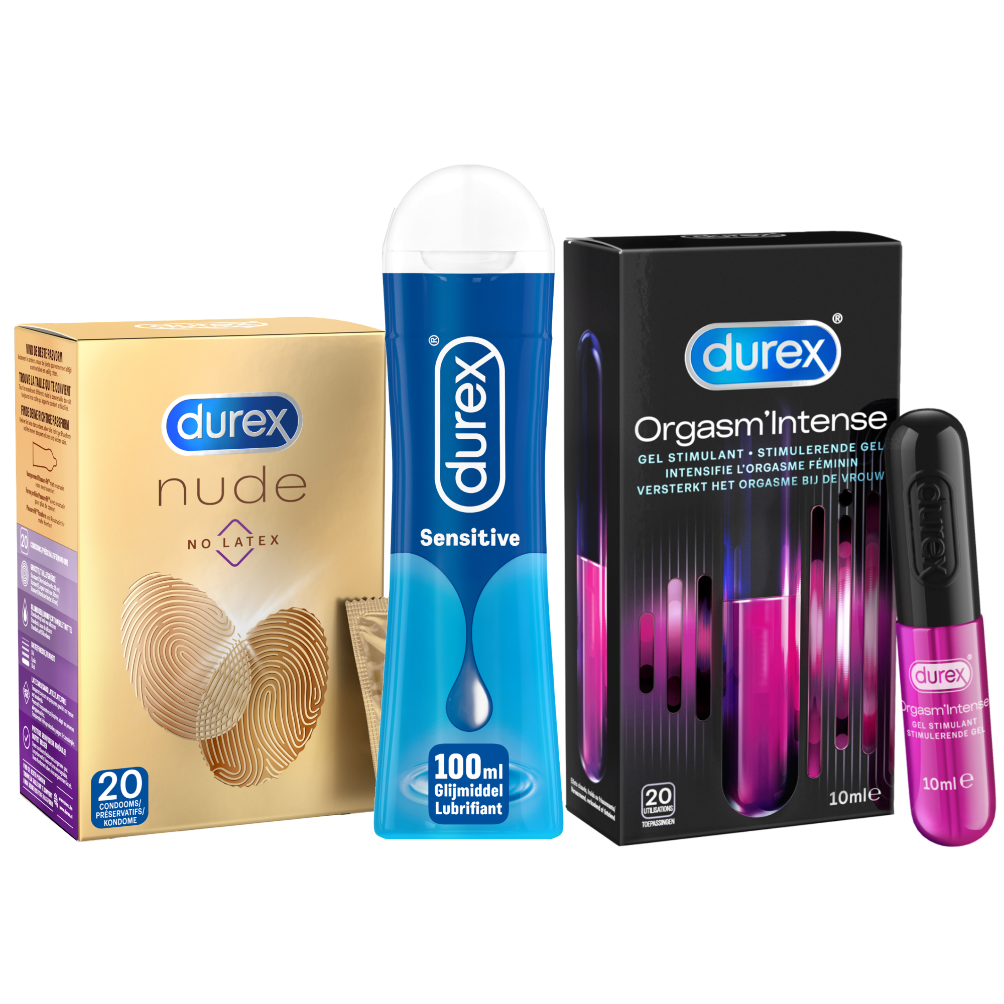 Durex - 20 stuks Condooms - Nude No Latex - 110ml Glijmiddel - Play Sensitive 100ml - Intense Orgasm 10ml - Voordeelverpakking