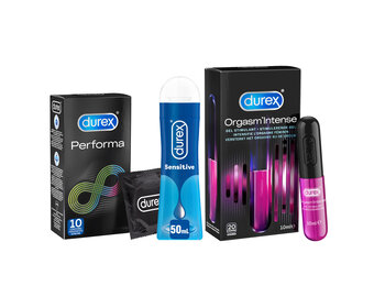 Durex - 10 stuks Condooms - Performa - 60 ml Glijmiddel - Intense Orgasm 10ml - Play Sensitive 50ml - Voordeelverpakking