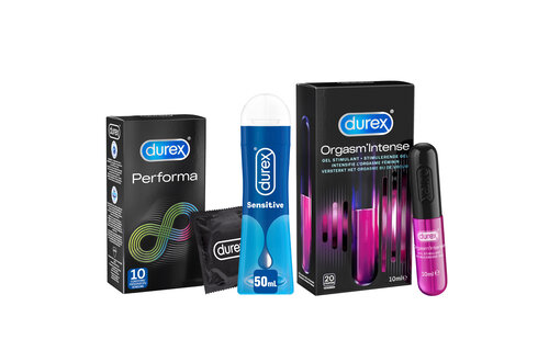 Durex - 10 stuks Condooms - Performa - 60 ml Glijmiddel - Intense Orgasm 10ml - Play Sensitive 50ml - Voordeelverpakking