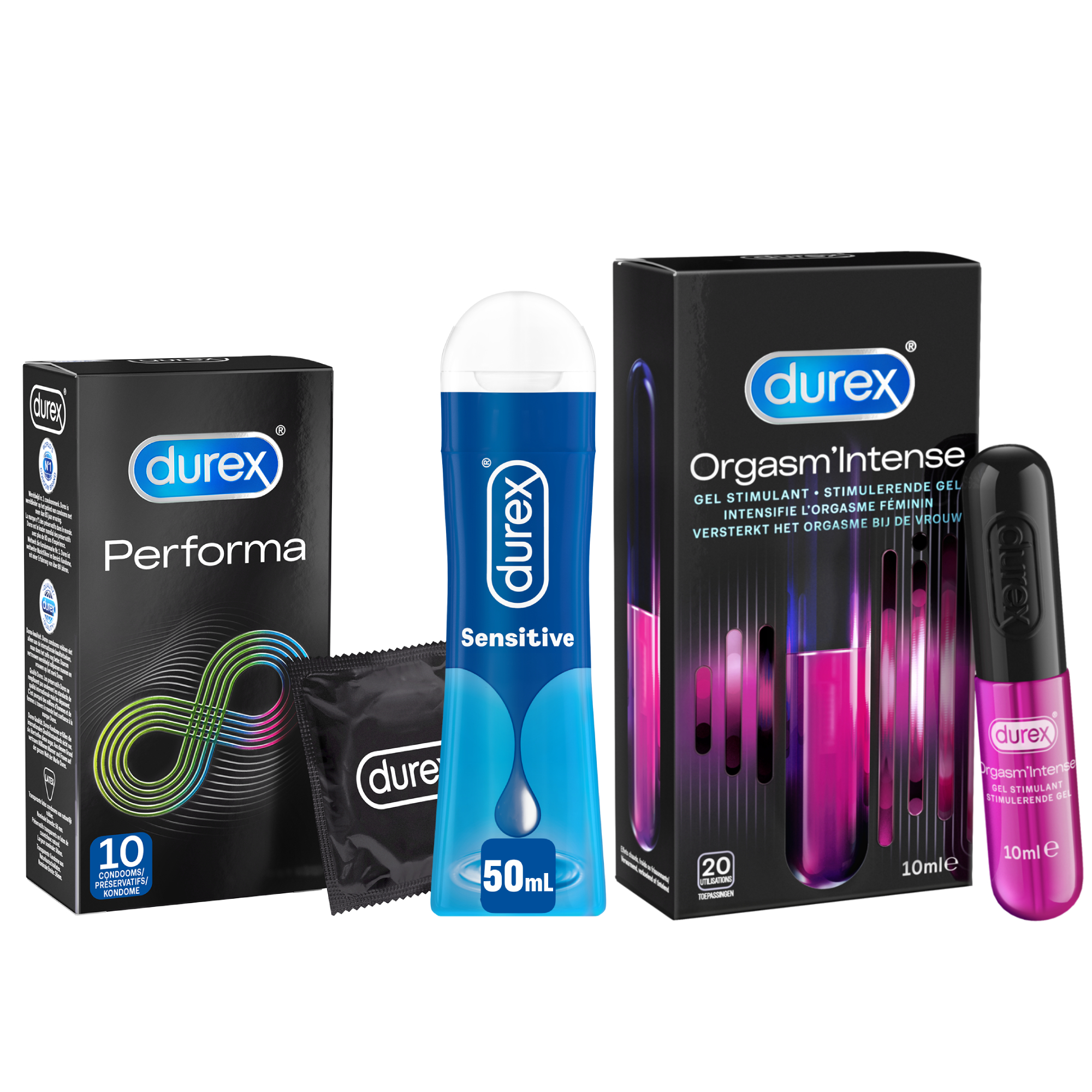 Durex - 10 stuks Condooms - Performa - 60 ml Glijmiddel - Intense Orgasm 10ml - Play Sensitive 50ml - Voordeelverpakking