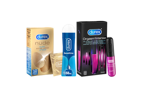 Durex - 10 stuks Condooms - Nude XL - 110 ml Glijmiddel - Intense Orgasm 10ml - Play Sensitive 100ml - Voordeelverpakking