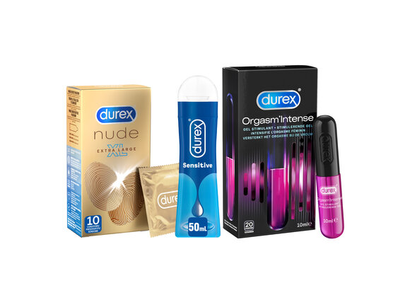 Durex - 10 stuks Condooms - Nude XL - 110 ml Glijmiddel - Intense Orgasm 10ml - Play Sensitive 100ml - Voordeelverpakking