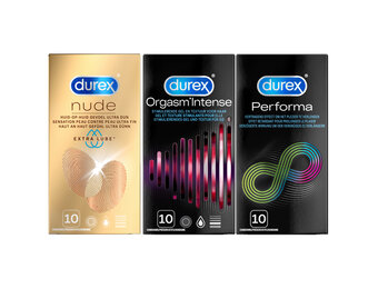 Durex - 30 Condooms - Performa 10st -  Nude Extra Lube 10st - Orgasm Intense 10st