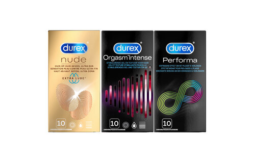 Durex - 30 Condooms - Performa 10st -  Nude Extra Lube 10st - Orgasm Intense 10st